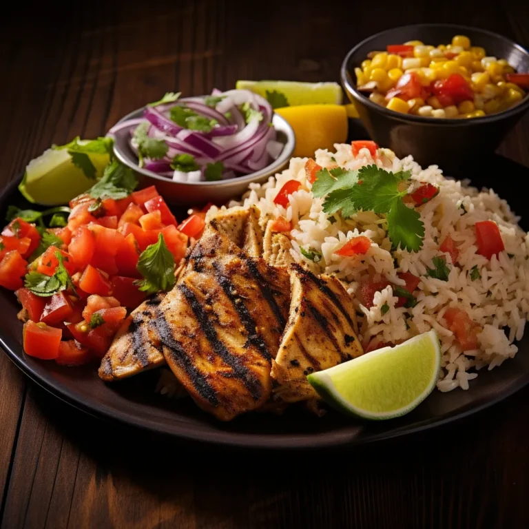 Mexican-style chicken served with rice and vegetables.