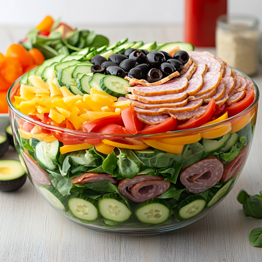 A sub in a tub recipe featuring layers of lettuce, turkey, salami, provolone cheese, tomatoes, cucumbers, bell peppers, olives, and avocado, drizzled with ranch dressing in a glass bowl.