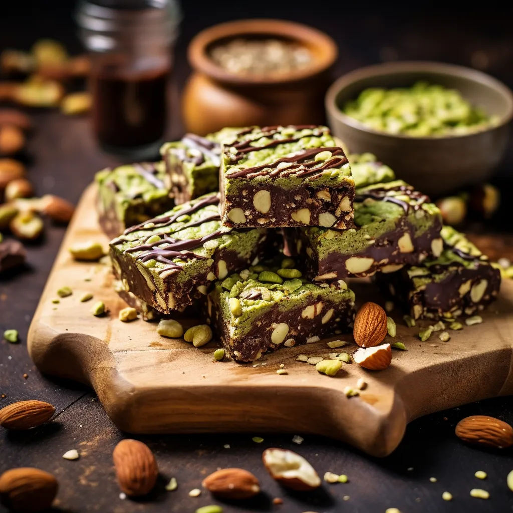 Close-up of vegan chocolate matcha energy bars on a rustic wooden tray with parchment paper, drizzled with chocolate, and sprinkled with nuts and seeds.