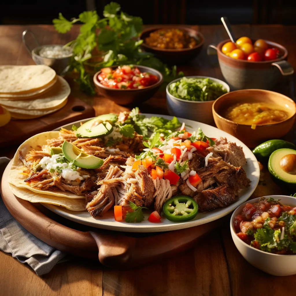 A plate of carnitas breakfast with eggs, including crispy pork carnitas, sunny-side-up eggs, warm tortillas, fresh avocado, salsa, and cilantro.