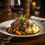 Slow-cooked beef short ribs with oxtail seasoning, garnished with fresh herbs, served with mashed potatoes and roasted vegetables on a rustic table.