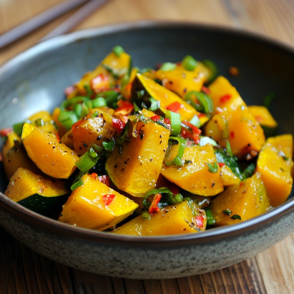 Bright orange kabocha squash stir-fried with tofu, garlic, ginger, and soy sauce, garnished with green onions and sesame seeds .