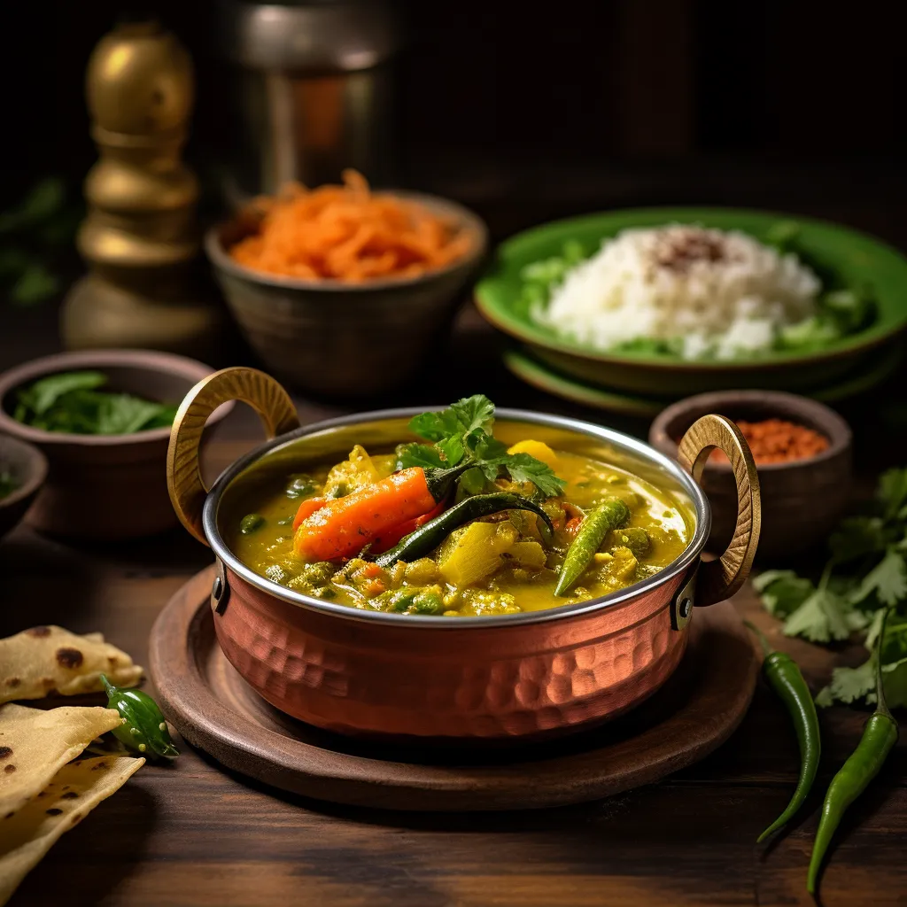 Fresh green sundakkai sambar with turkey berries, garnished with coriander leaves, served with steamed rice and crispy papad on a wooden table.