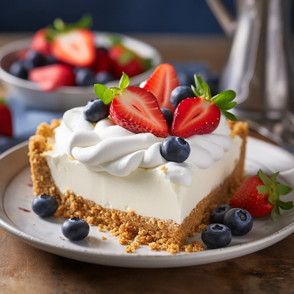 Close-up of a no-bake cheesecake with cream cheese and white chocolate pudding, golden graham cracker crust, fresh berries, and white chocolate shavings