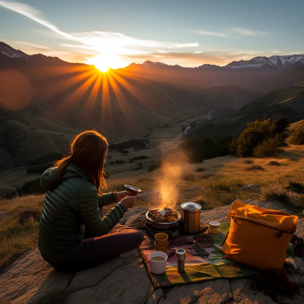 Backpacking recipes: A campsite with lightweight cooking gear, nutritious meal ingredients, and a hiker enjoying a chocolate mug cake at sunset.