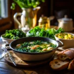 A steaming bowl of Swamp Soup with vibrant green kale, creamy white beans, and a golden broth, surrounded by fresh ingredients on a rustic wooden table