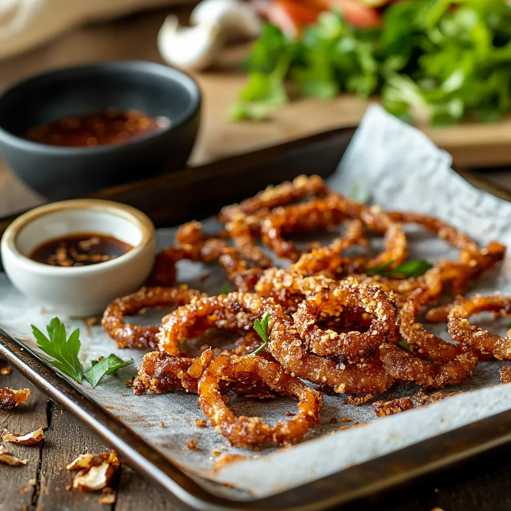 Crispy vegan soy curl bacon on a parchment-lined baking sheet, with marinade ingredients like soy sauce, maple syrup, and smoked paprika.