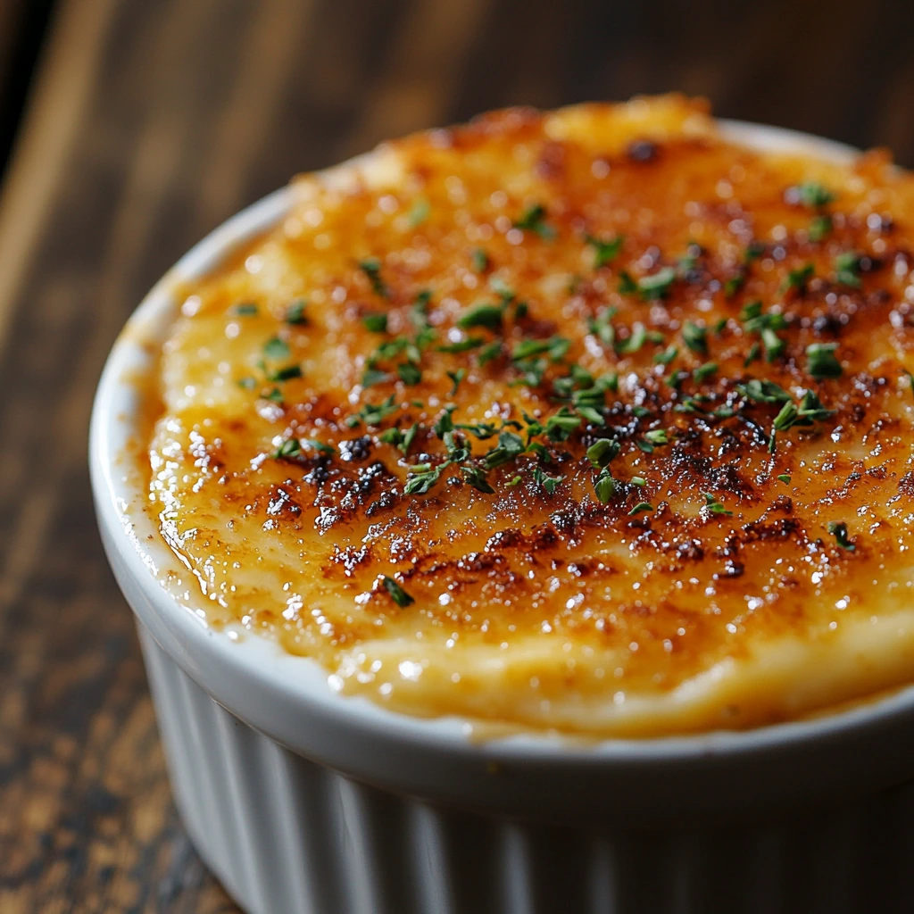 A close-up of a freshly caramelized crab brûlée in a ramekin.Crab brûlée Recipe