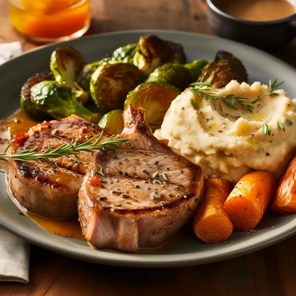 Golden-brown pork chops seasoned with Herbs de Provence, served alongside roasted carrots, asparagus, Brussels sprouts, and creamy mashed potatoes.