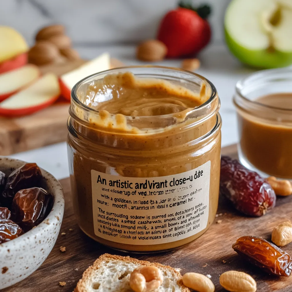 A jar of creamy vegan cashew date glaze surrounded by soaked cashews, dates, almond milk, and fresh fruit on a rustic wooden board.