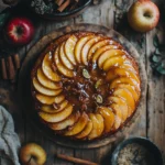 Vegan upside-down apple cake with caramelized apple slices on top of a spiced cake, displayed on a rustic wooden table with autumn decor.