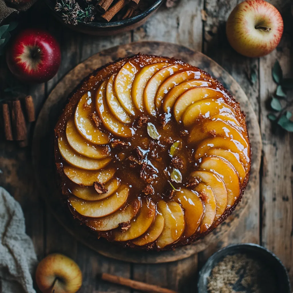 Vegan upside-down apple cake with caramelized apple slices on top of a spiced cake, displayed on a rustic wooden table with autumn decor.