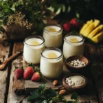 Small glass jars of vegan Yakult on a rustic table, with plant-based milk, probiotics, and fresh fruits like strawberries and lemons around them.