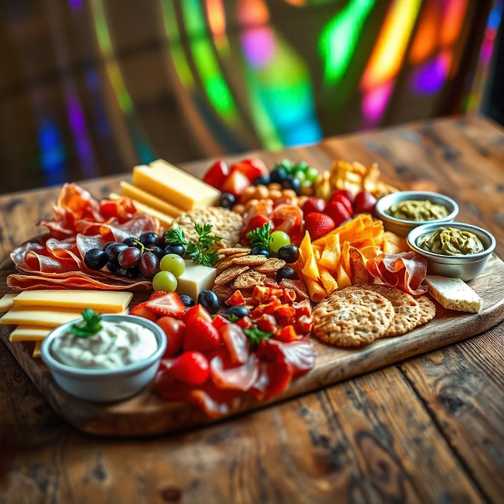 Beautiful charcuterie lunch board featuring cured meats, cheeses, fresh fruits, crackers, and dips on a rustic wooden table with bright lighting.