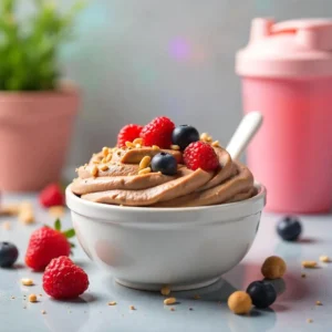 A bowl of creamy protein pudding with rich chocolate, vanilla, and berry flavors, topped with fresh fruits, nuts, and chia seeds. Set against a fitness-inspired backdrop with a shaker bottle and dumbbell, the design features eco-friendly elements and a headline that reads 'Protein Pudding: Delicious & Nutritious' in stylish typography.