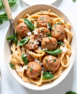 A plate of golden-brown chicken ricotta meatballs served with marinara sauce, garnished with parmesan and fresh basil on a rustic wooden table.