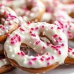 White chocolate-dipped pretzels on a wooden plate, with some drizzled in dark chocolate and decorated with sprinkles, nuts, and caramel drizzle.