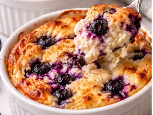 A spoon showing the soft interior of a golden baked blueberry cottage cheese breakfast bowl.
