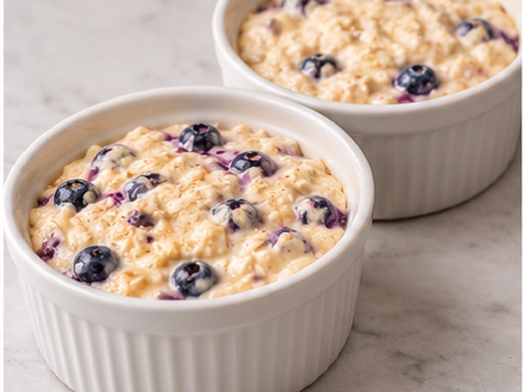 Unbaked blueberry cottage cheese mixture divided between white ramekins.