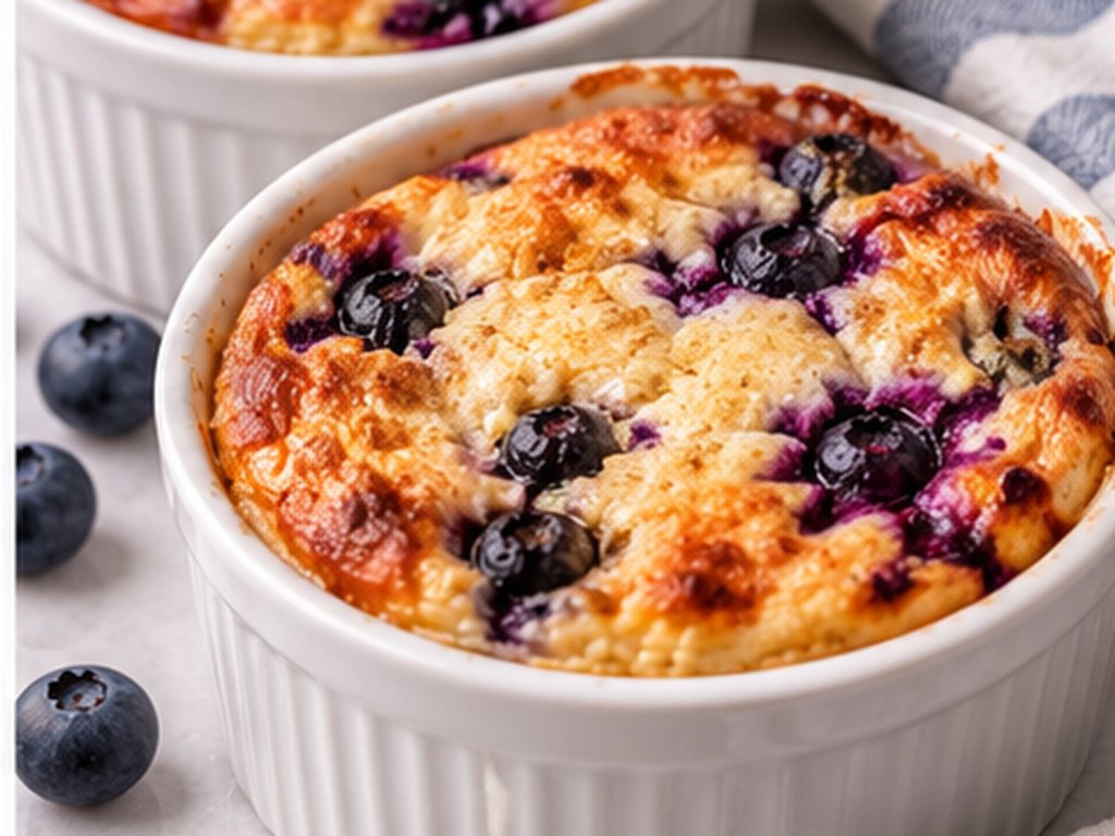 Golden baked blueberry cottage cheese breakfast bowls in white ramekins.
