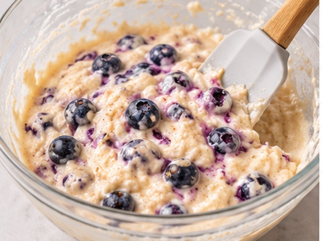 Blueberries folded into the cottage cheese mixture with a spatula in a glass bowl.