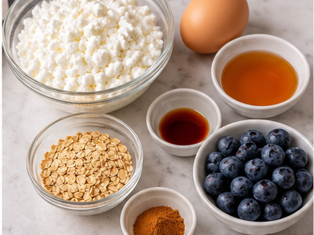 Cottage cheese, egg, sweetener, vanilla, blueberries, rolled oats and cinnamon arranged in bowls.