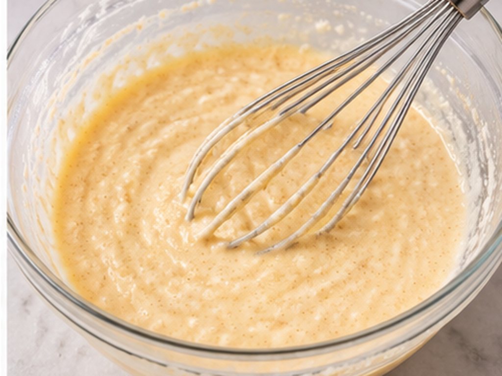 Cottage cheese, egg, sweetener and vanilla mixture in a glass bowl with a whisk.