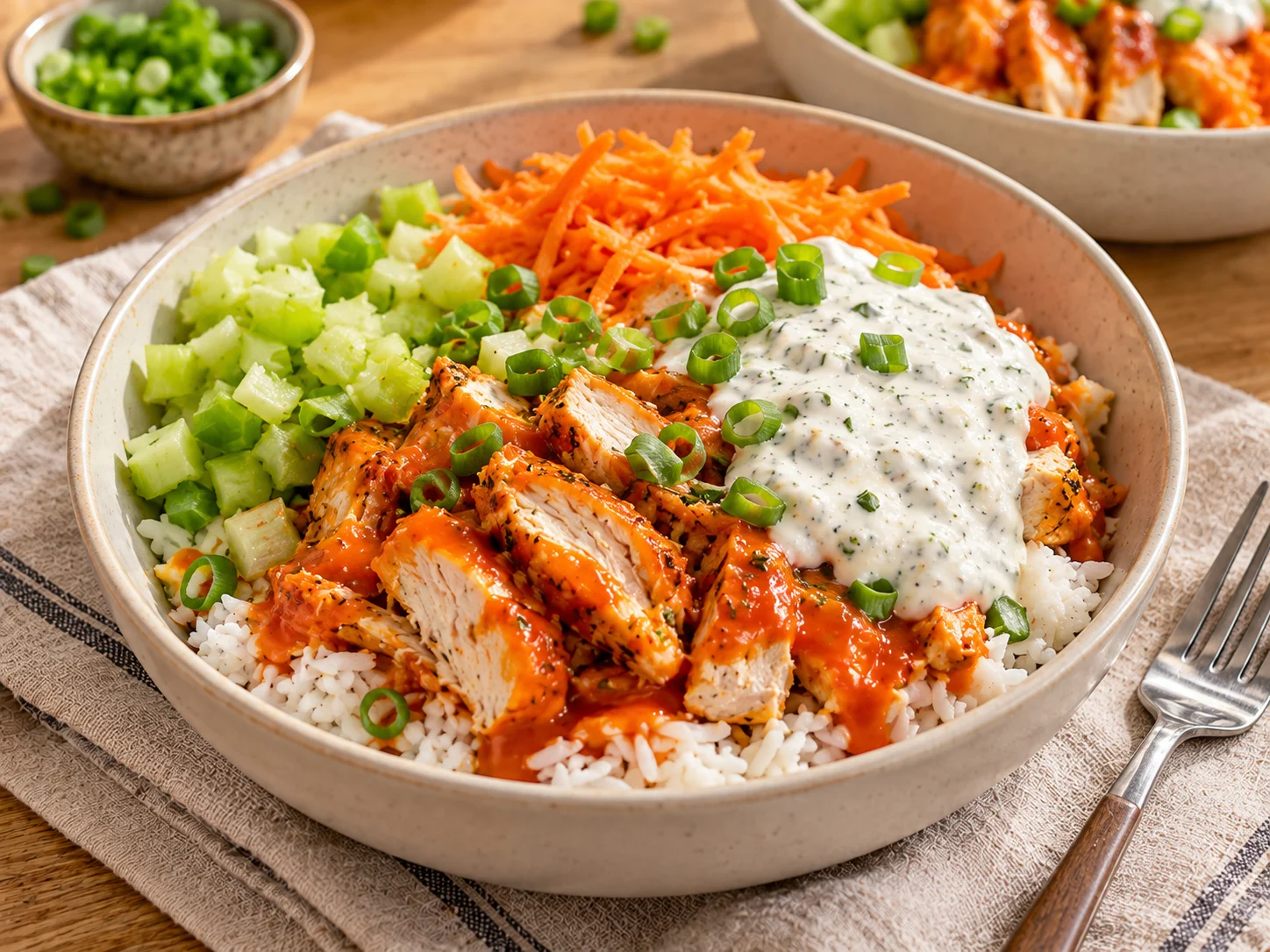 Buffalo chicken cottage cheese bowl with rice, buffalo chicken, celery, carrots and a dollop of cottage cheese ranch.