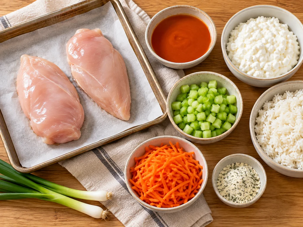 Raw chicken breasts, a small bowl of orange buffalo sauce, cottage cheese, celery, carrots, cooked rice and green onions on a counter.