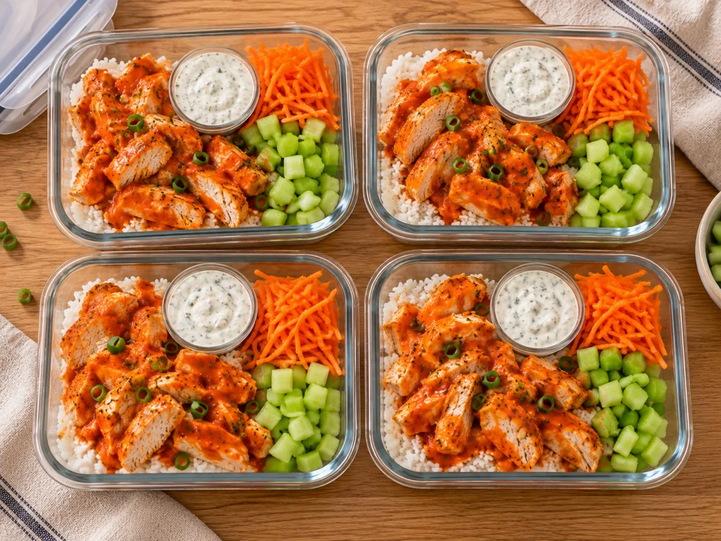 Four meal-prep containers with rice, buffalo chicken, diced celery and shredded carrots, and small cups of cottage cheese ranch.