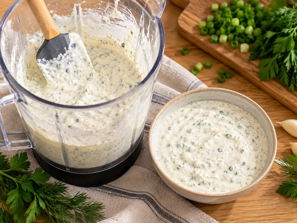 Smooth white cottage cheese ranch sauce in a blender jar with flecks of herbs.