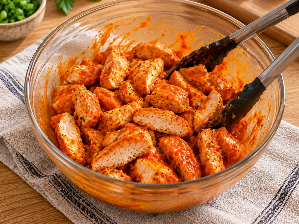 Sliced baked chicken tossed in glossy orange buffalo sauce in a mixing bowl.
