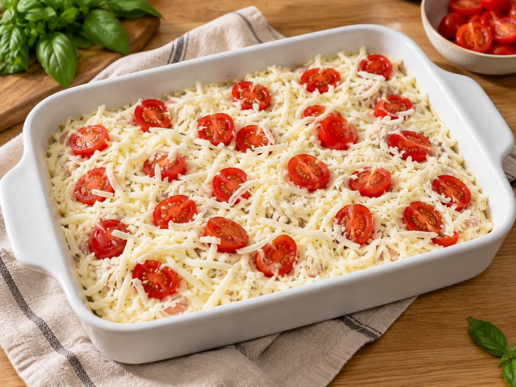 Unbaked caprese chicken bake with shredded mozzarella and halved cherry tomatoes on top in a 9×13 dish.