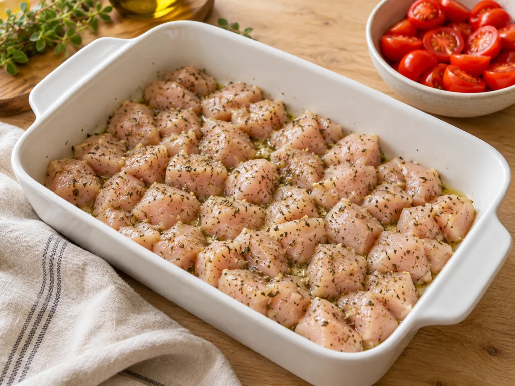 Seasoned raw chicken pieces spread in a single layer in a greased 9×13 baking dish.