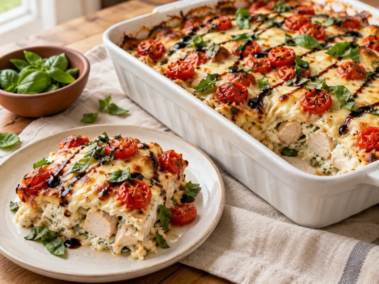 Caprese chicken cottage cheese bake in a white baking dish with melted mozzarella, roasted cherry tomatoes and basil, and a serving on a plate.