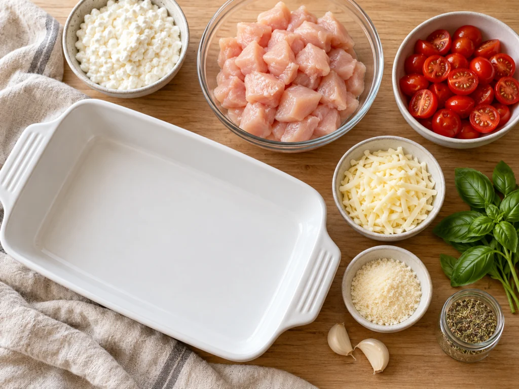 Raw bite-size chicken pieces, a bowl of cottage cheese, cherry tomatoes, shredded mozzarella, Parmesan, garlic and fresh basil on a counter.