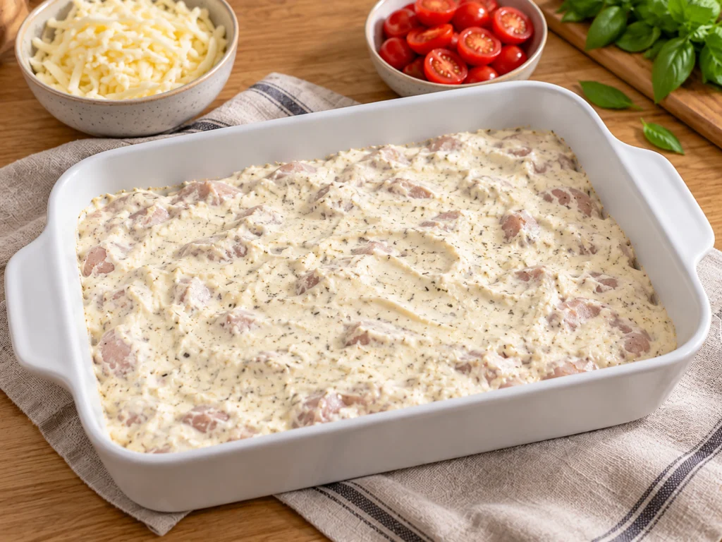 Smooth blended cottage cheese layer spread over the chicken in a 9×13 dish.