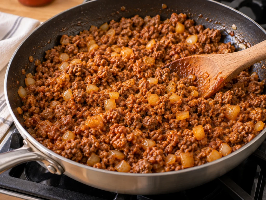 Browned ground beef with onion in a skillet, stirred with ketchup and mustard.