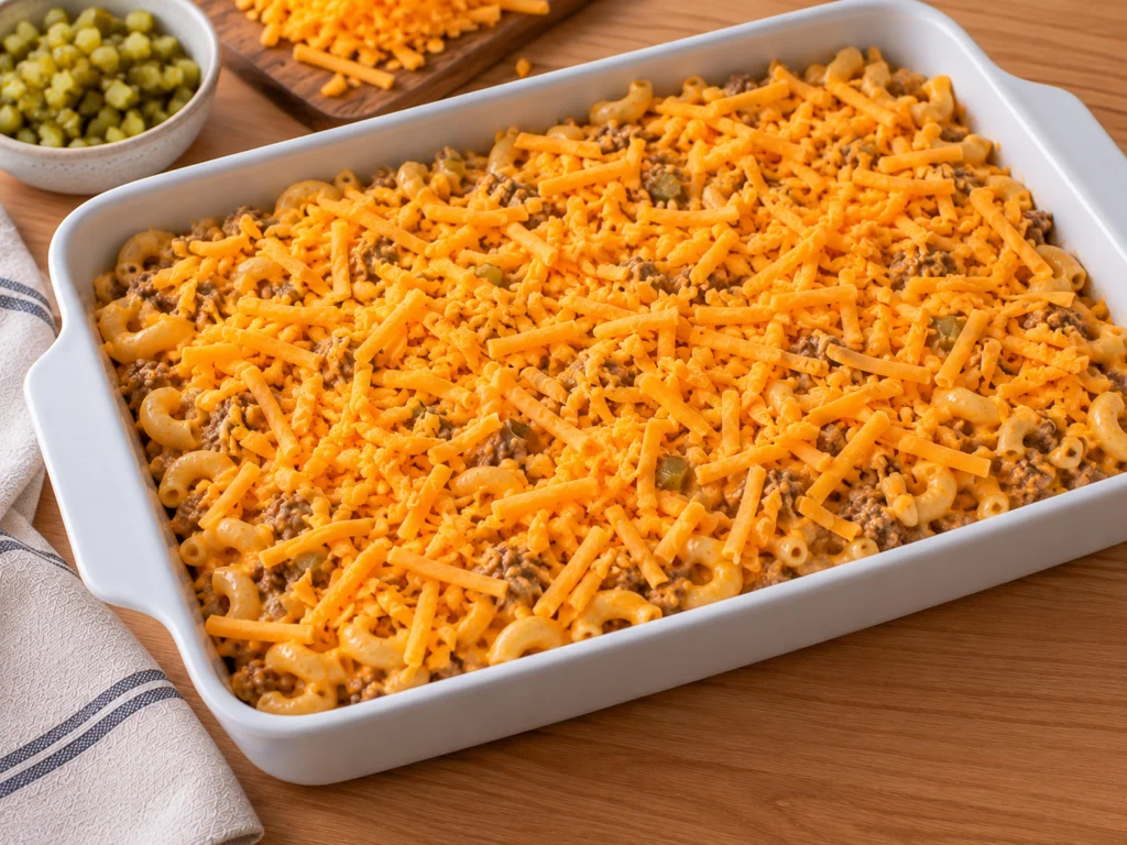 Unbaked cheeseburger pasta casserole topped with shredded cheddar in a 9×13 dish.