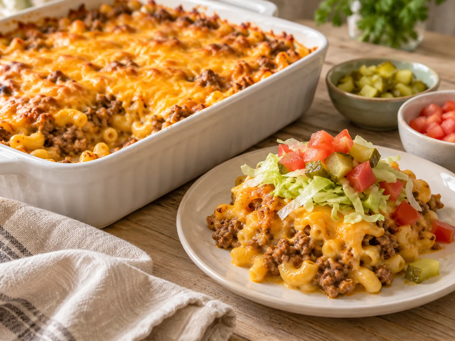 Cheeseburger casserole with pasta and melted cheddar, and a serving topped with lettuce, tomato and pickles.