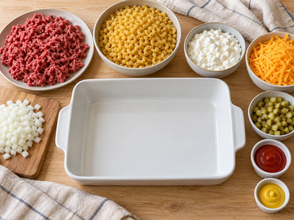 Raw lean ground beef, dry elbow pasta, cottage cheese, shredded cheddar, onion, dill pickles, ketchup and mustard on a counter.