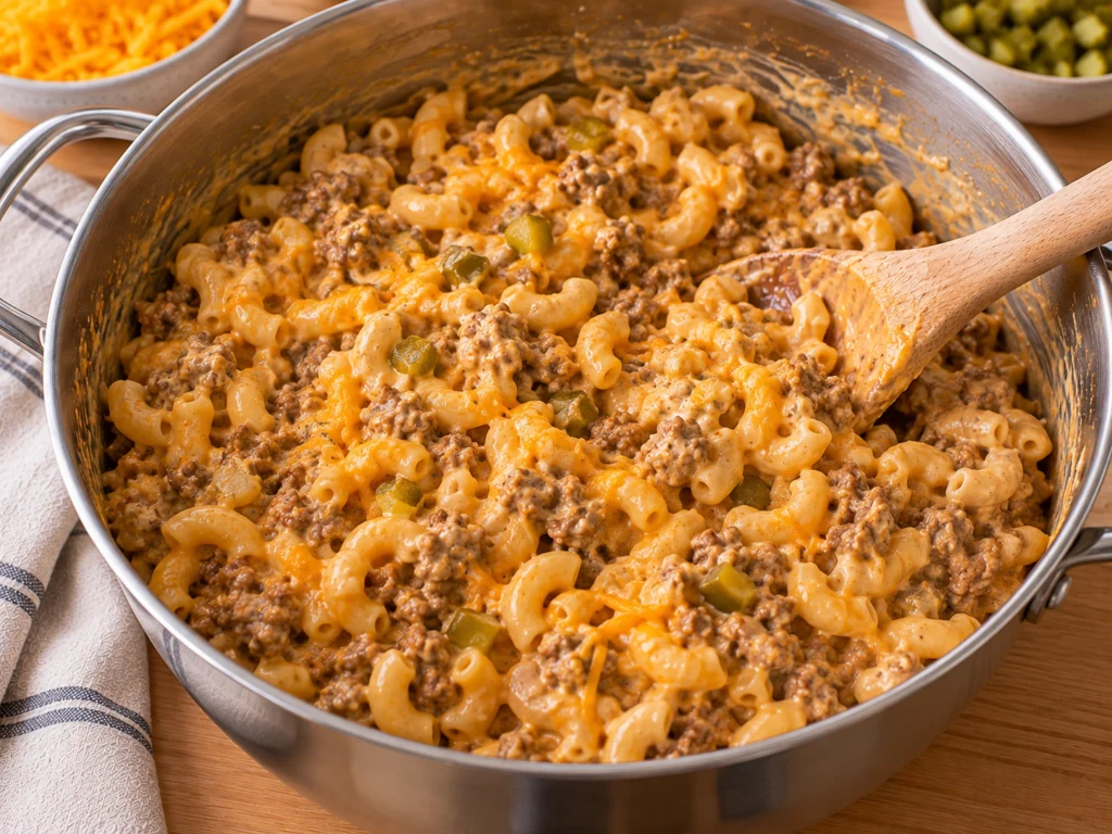 Elbow pasta, browned beef and creamy cheese sauce mixed together in a large pot.