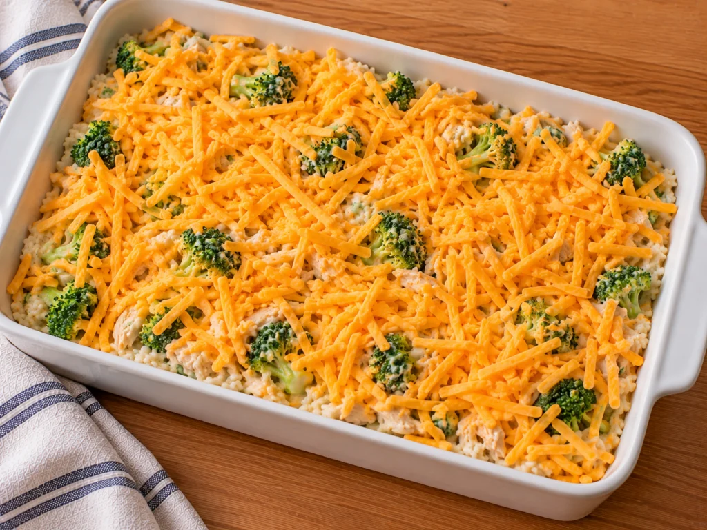 Unbaked chicken broccoli rice casserole topped with shredded cheddar in a 9×13 dish.
