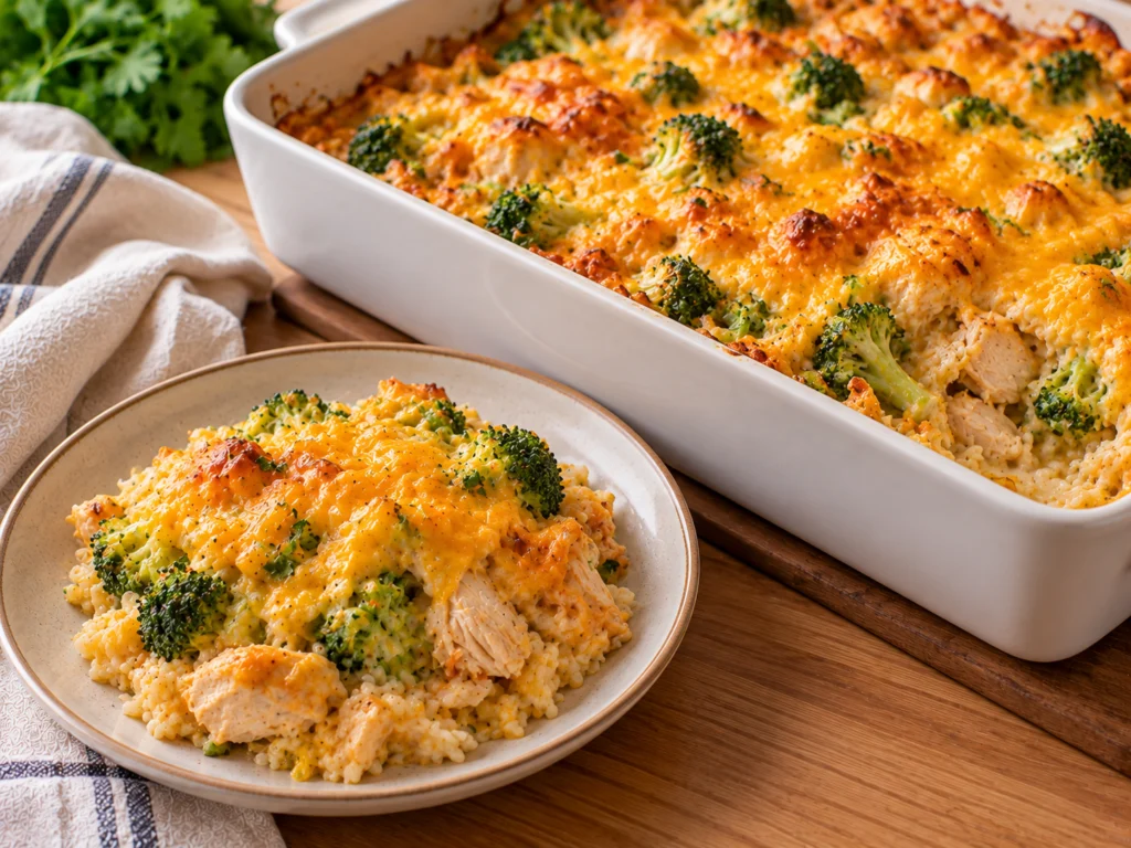 Chicken broccoli casserole with melted cheddar in a white baking dish, and a serving with rice on a plate.