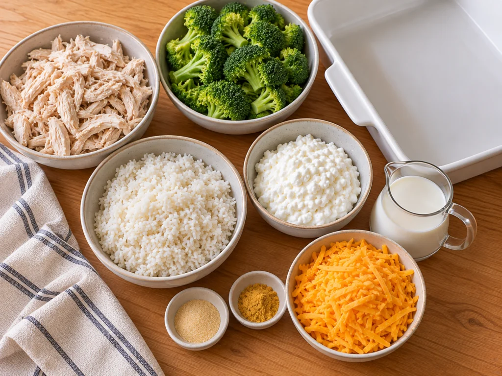 Cooked shredded chicken, raw broccoli florets, cooked rice, cottage cheese, milk and shredded cheddar on a counter.