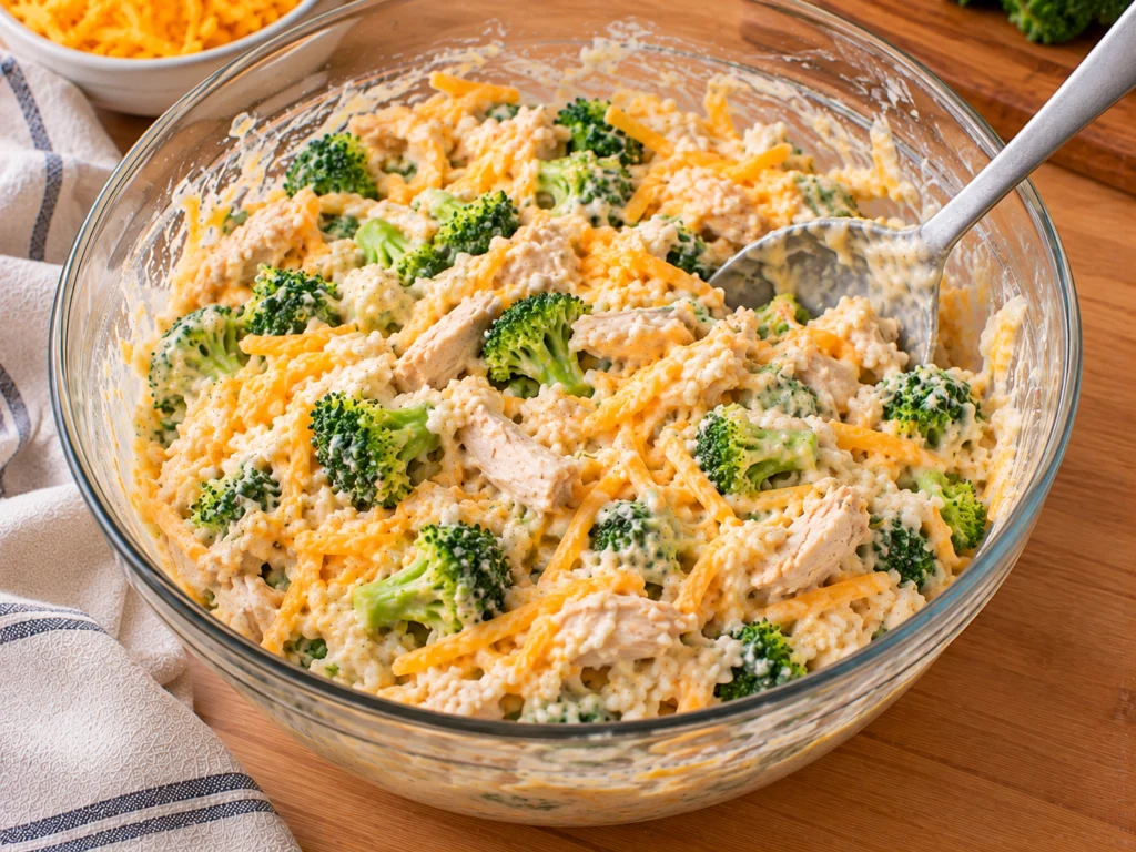 Chicken, broccoli and rice mixed with creamy cheese sauce in a large bowl.