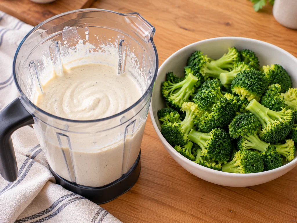 Smooth cottage cheese sauce in a blender jar next to a bowl of bright green steamed broccoli.