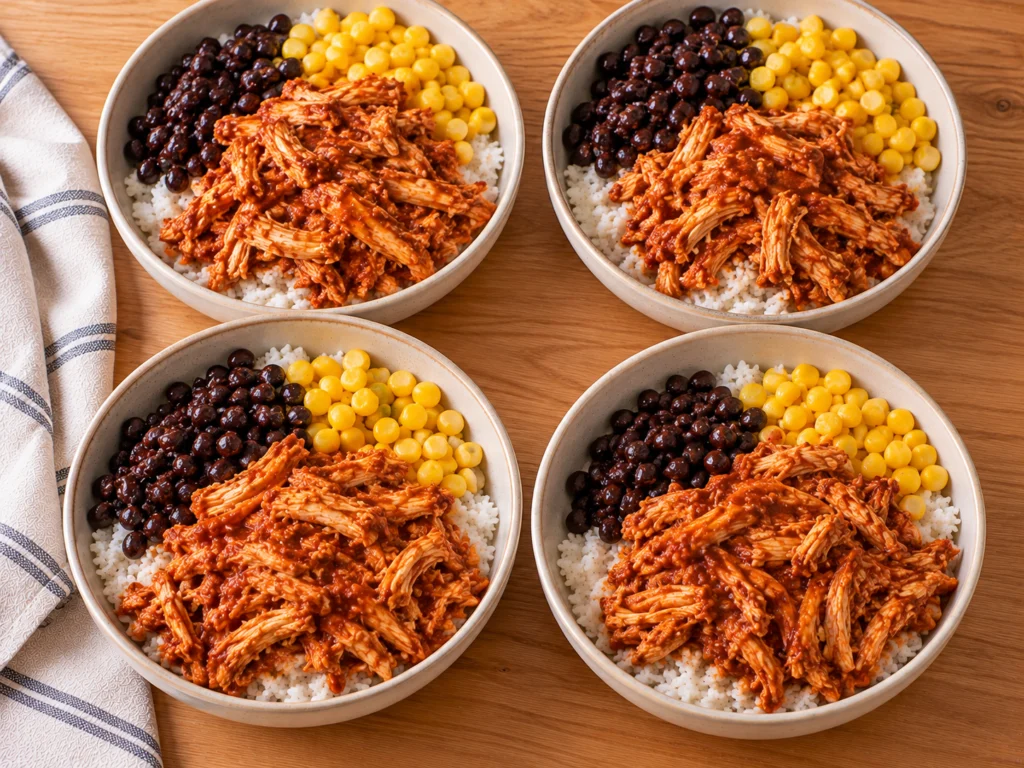 Four bowls of rice, black beans and corn topped with saucy shredded chicken.