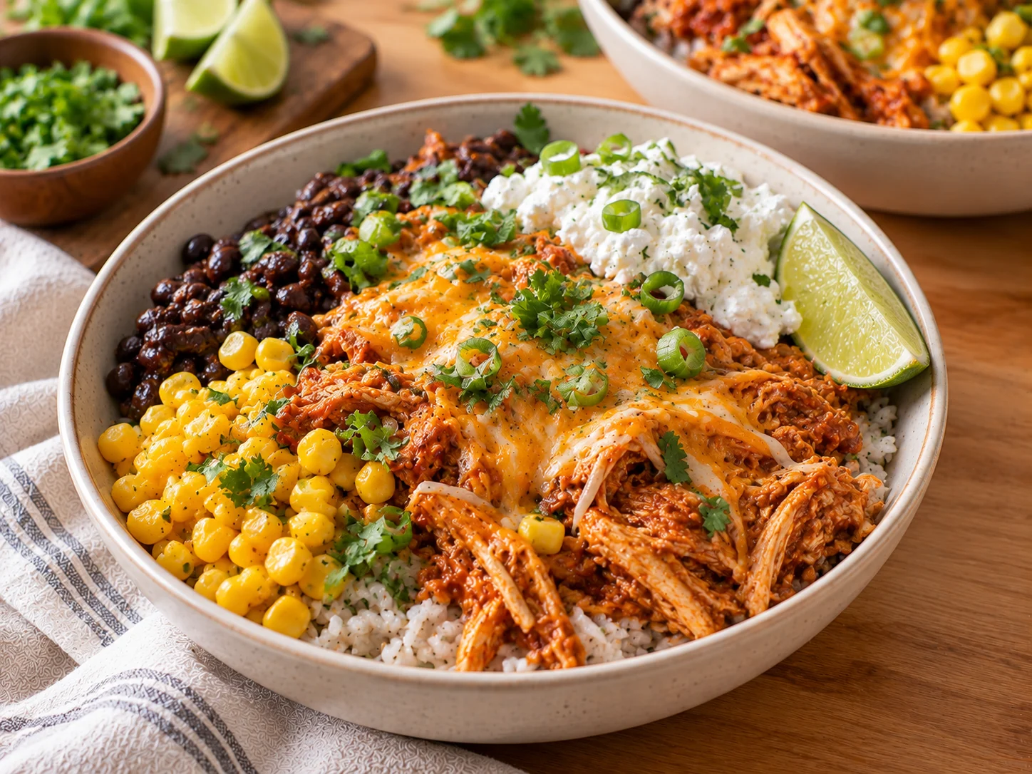 Chicken enchilada cottage cheese bowl with rice, black beans, corn, saucy shredded chicken, melted cheese, cottage cheese and lime.