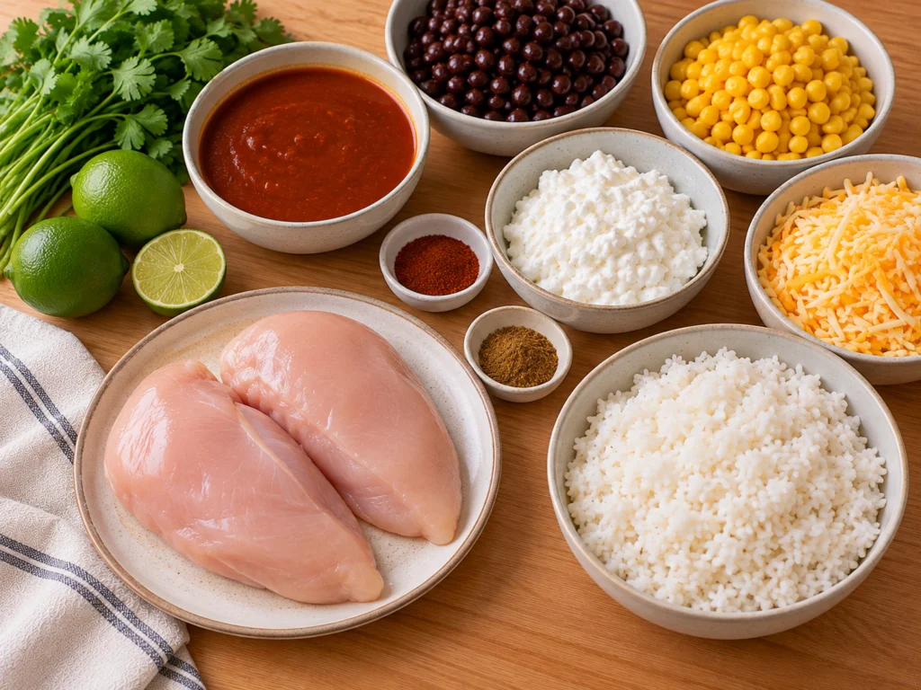 Raw chicken breasts, a bowl of red enchilada sauce, black beans, corn, cooked rice, cottage cheese, shredded cheese, cilantro and limes on a counter.